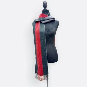 Auth Gucci Wool Cashmere Gray Red Striped Scatf Wrap Stole Muffler Ex+